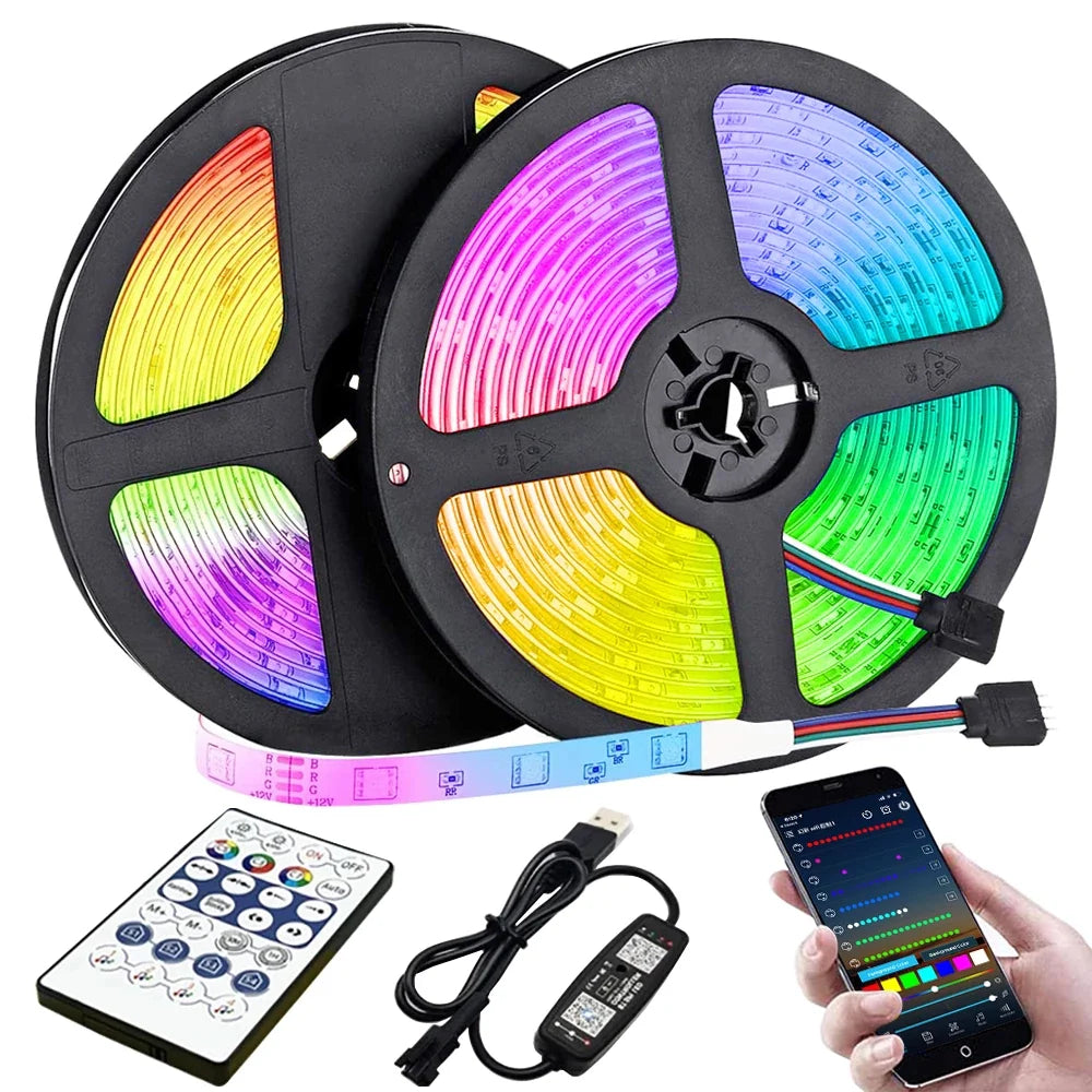 10M/20M RGB 5050/RGBIC LED Strip Lights with WS2812B Infrared Bluetooth Controller for TV Backlighting and Room Decoration
