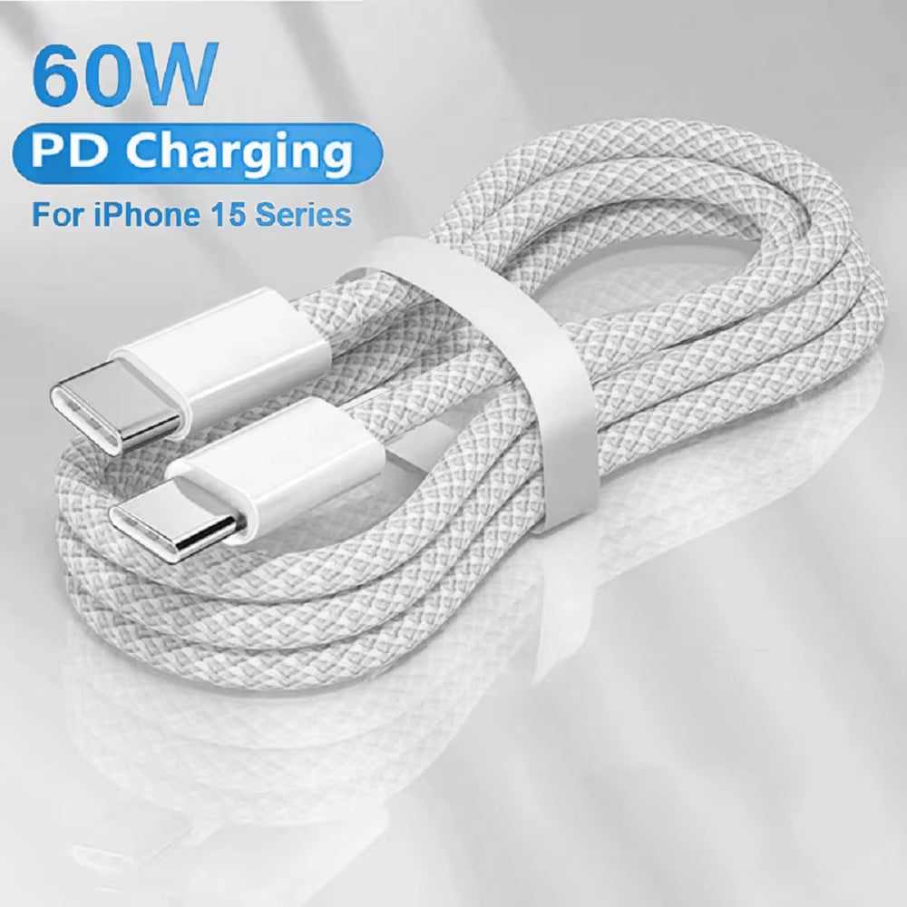 USB-C to USB-C Fast Charging PD 60W Cable for iPhone 15, Android, Samsung, and Huawei - Braided Charger Cable