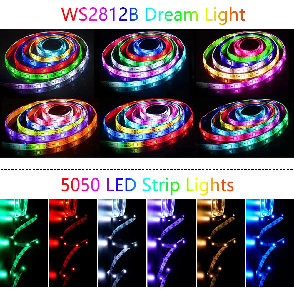 10M/20M RGB 5050/RGBIC LED Strip Lights with WS2812B Infrared Bluetooth Controller for TV Backlighting and Room Decoration
