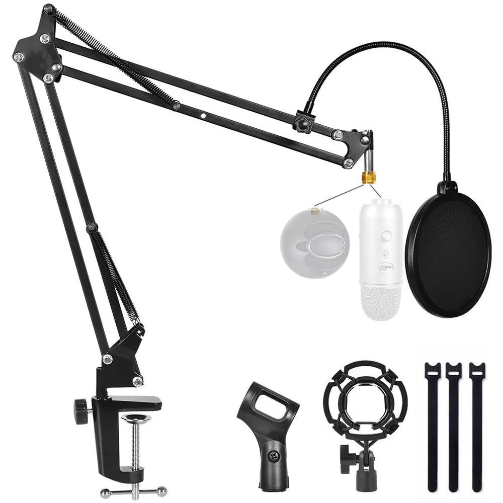 Microphone Stand for Blue Yeti and Blue Snowball with Mic Pop Filter and Heavy Duty Boom Scissor Arm Stands for BM 800 Mic
