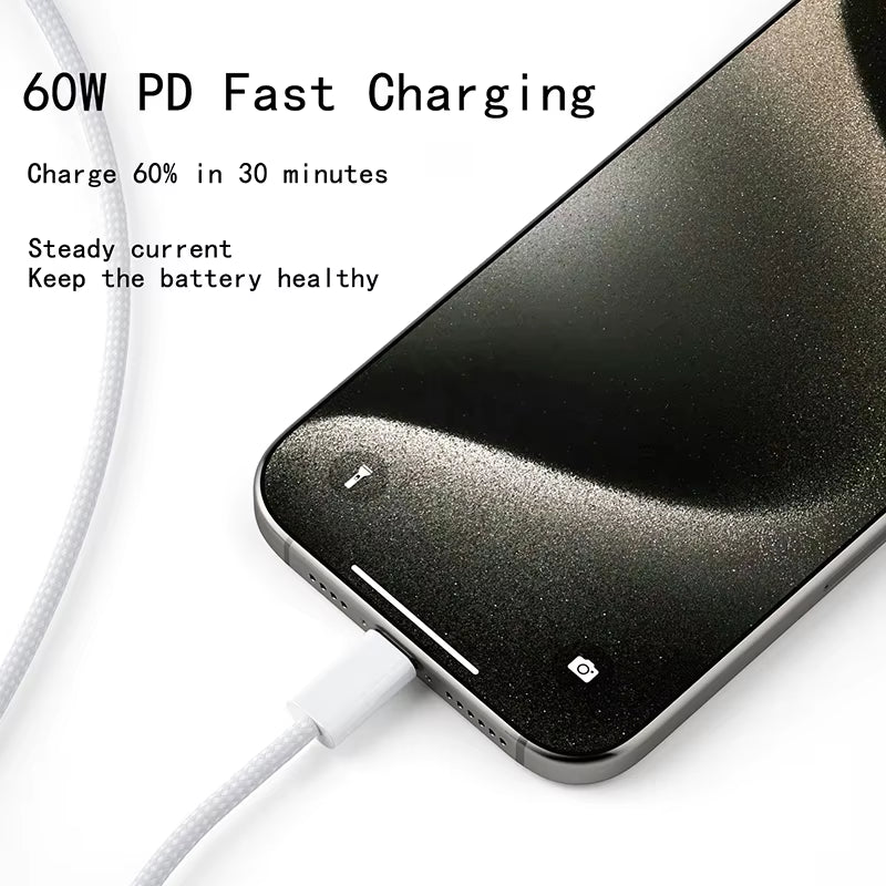 USB-C to USB-C Fast Charging PD 60W Cable for iPhone 15, Android, Samsung, and Huawei - Braided Charger Cable