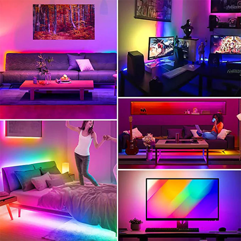 10M/20M RGB 5050/RGBIC LED Strip Lights with WS2812B Infrared Bluetooth Controller for TV Backlighting and Room Decoration