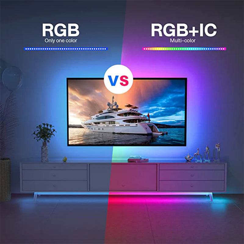 10M/20M RGB 5050/RGBIC LED Strip Lights with WS2812B Infrared Bluetooth Controller for TV Backlighting and Room Decoration
