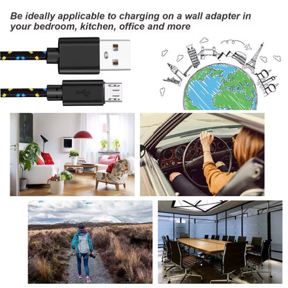 Nylon Braided Micro USB Data Sync and Charging Cable - Available in 1M, 2M, and 3M Lengths for Samsung, Huawei, Xiaomi, HTC, and Android Devices